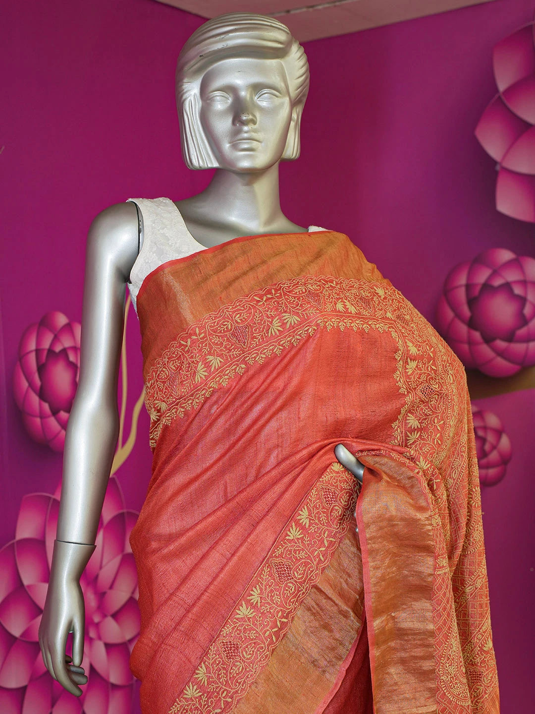 Ada Hand Embroidered Rust Silk Lucknowi Chikankari Saree With Blouse 01A451691