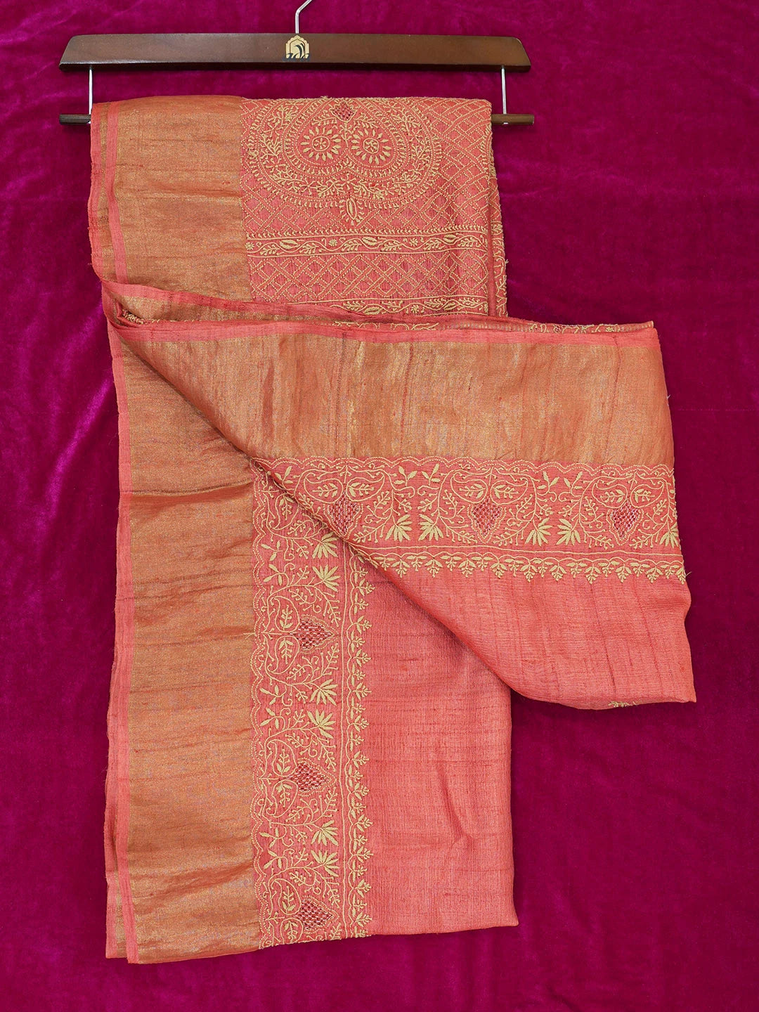 Ada Hand Embroidered Rust Silk Lucknowi Chikankari Saree With Blouse 01A451691