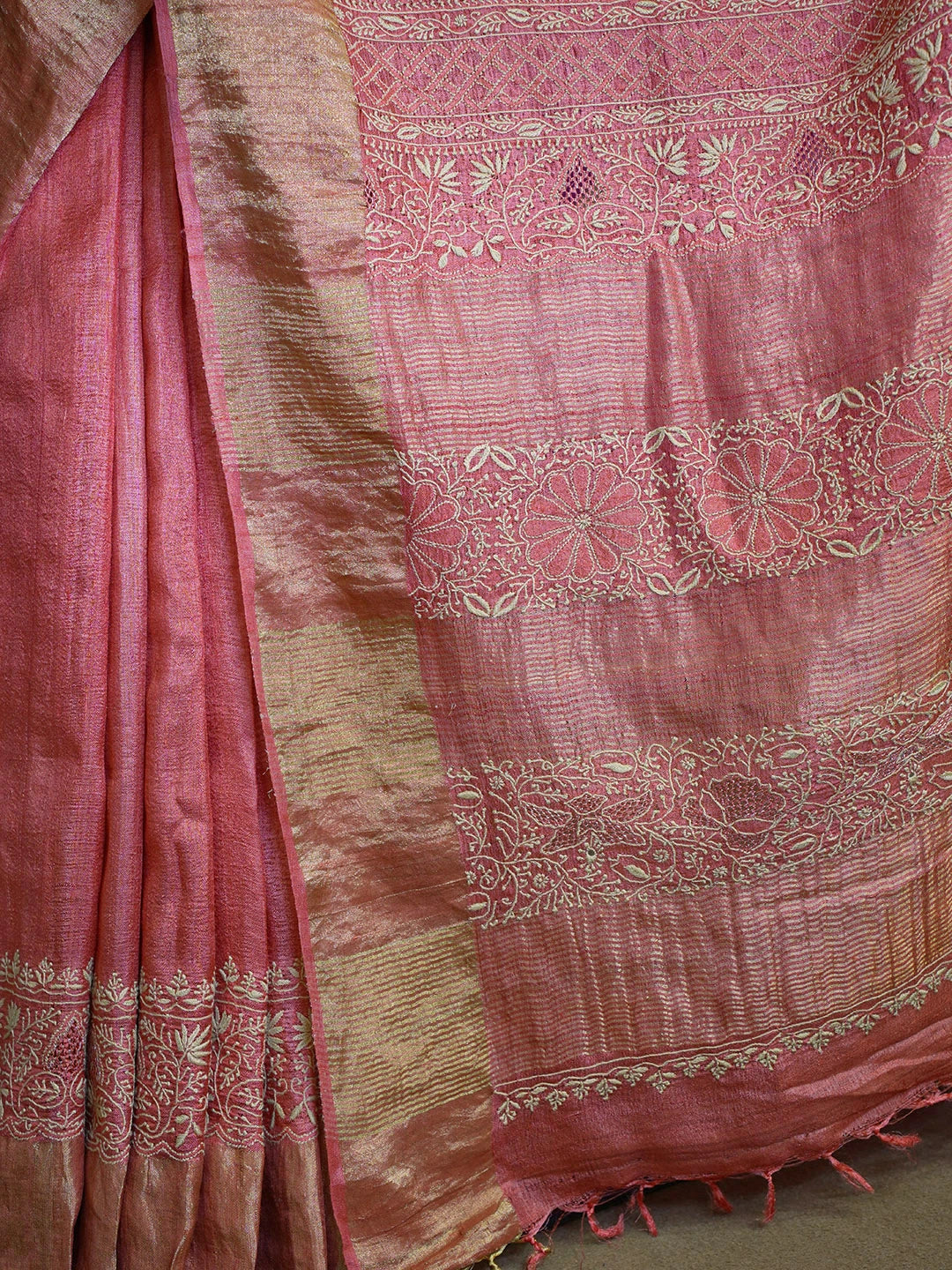 Ada Hand Embroidered Rust Silk Lucknowi Chikankari Saree With Blouse 01A451691