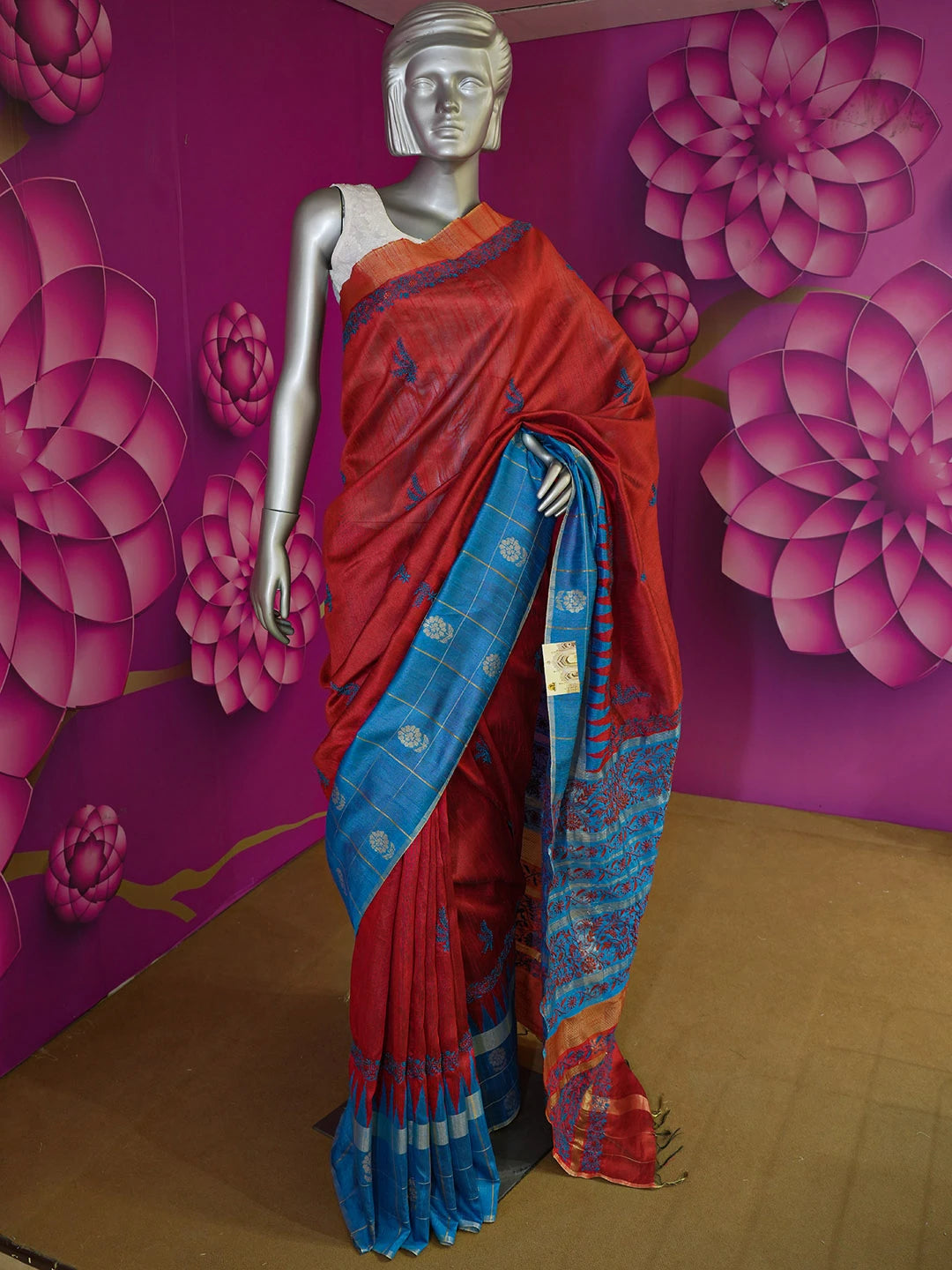 Ada Hand Embroidered Maroon Silk Lucknowi Chikankari Saree With Blouse 01A376495