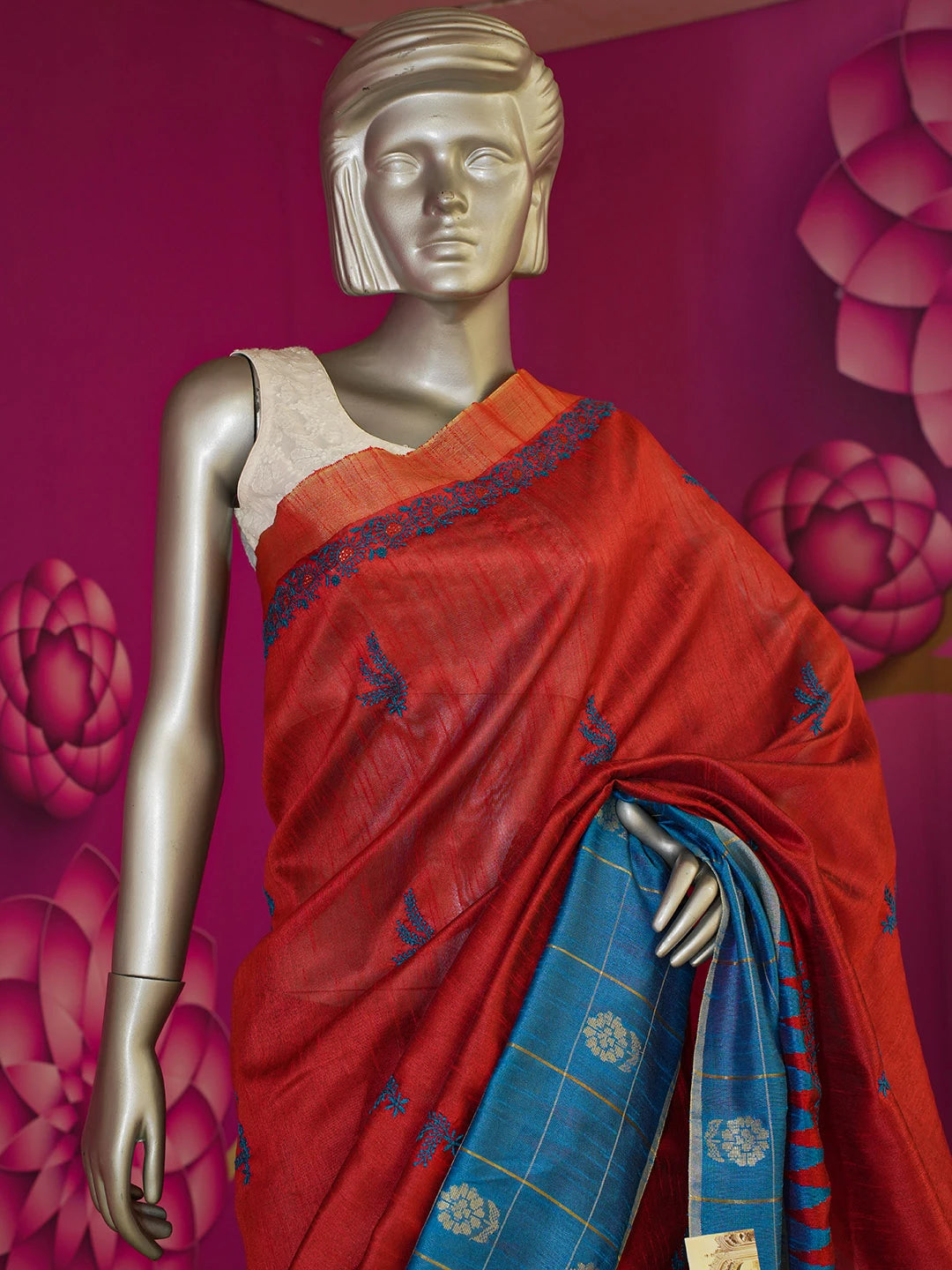 Ada Hand Embroidered Maroon Silk Lucknowi Chikankari Saree With Blouse 01A376495
