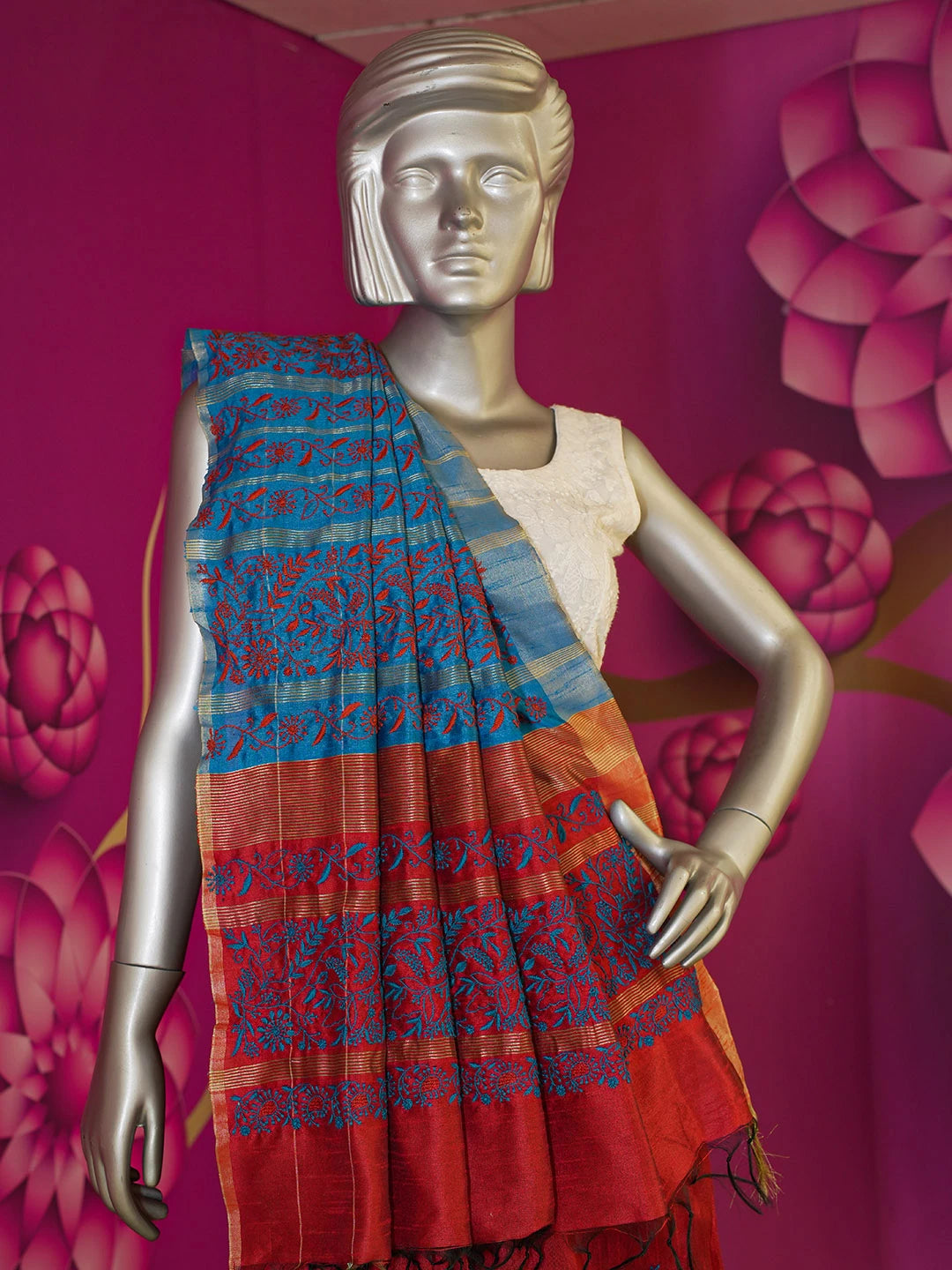 Ada Hand Embroidered Maroon Silk Lucknowi Chikankari Saree With Blouse 01A376495