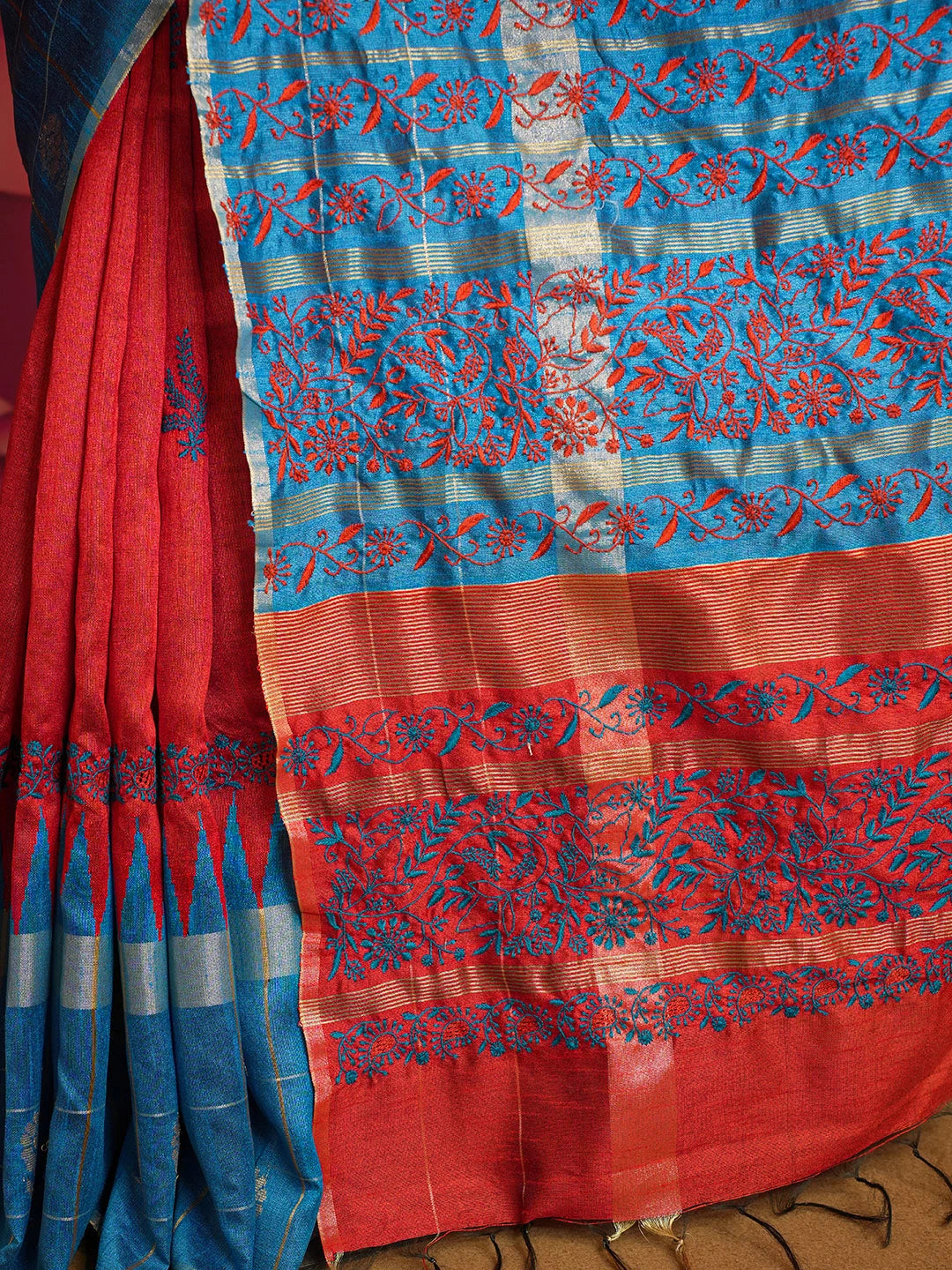 Ada Hand Embroidered Maroon Silk Lucknowi Chikankari Saree With Blouse 01A376495