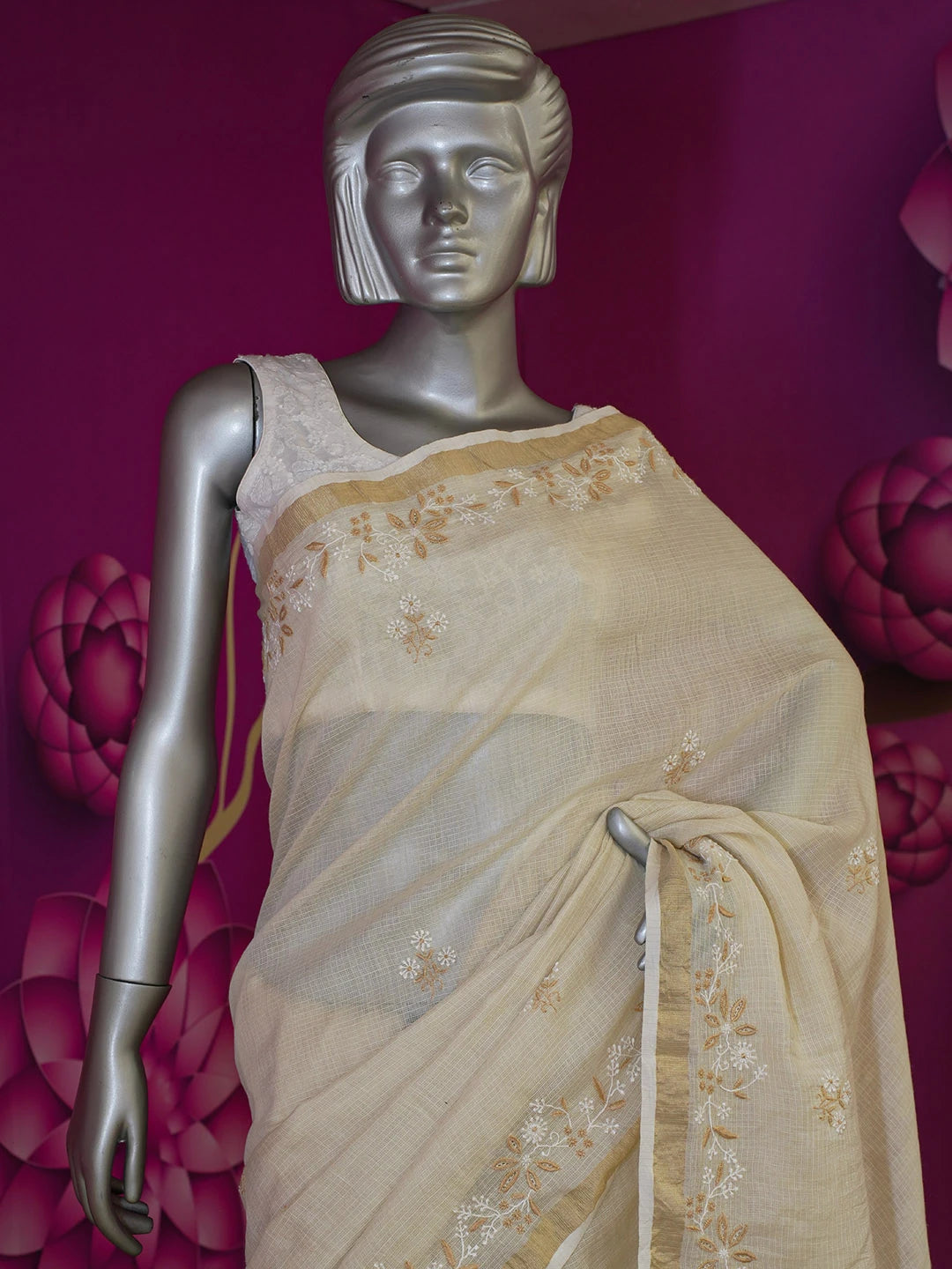 Ada Hand Embroidered Fawn Kota Lucknowi Chikankari Saree with Blouse 01A567946