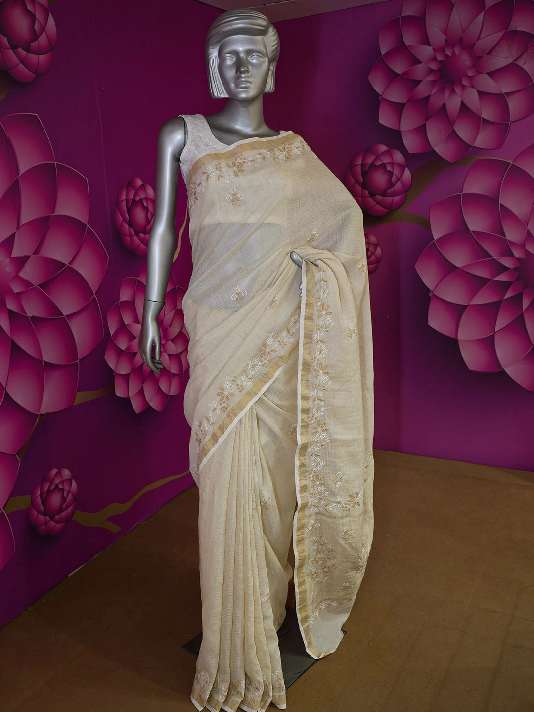 Ada Hand Embroidered Fawn Kota Lucknowi Chikankari Saree with Blouse 01A567946