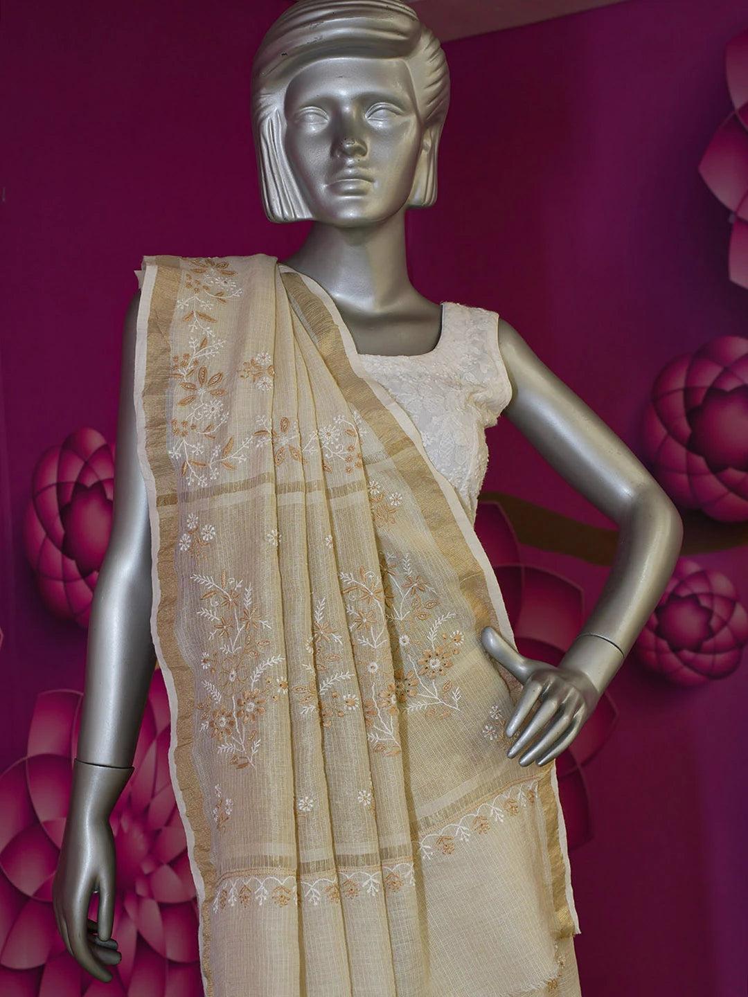 Ada Hand Embroidered Fawn Kota Lucknowi Chikankari Saree with Blouse 01A567946