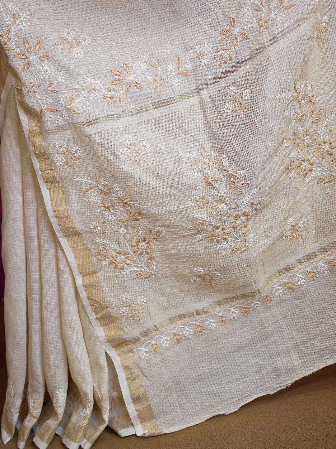 Ada Hand Embroidered Fawn Kota Lucknowi Chikankari Saree with Blouse 01A567946