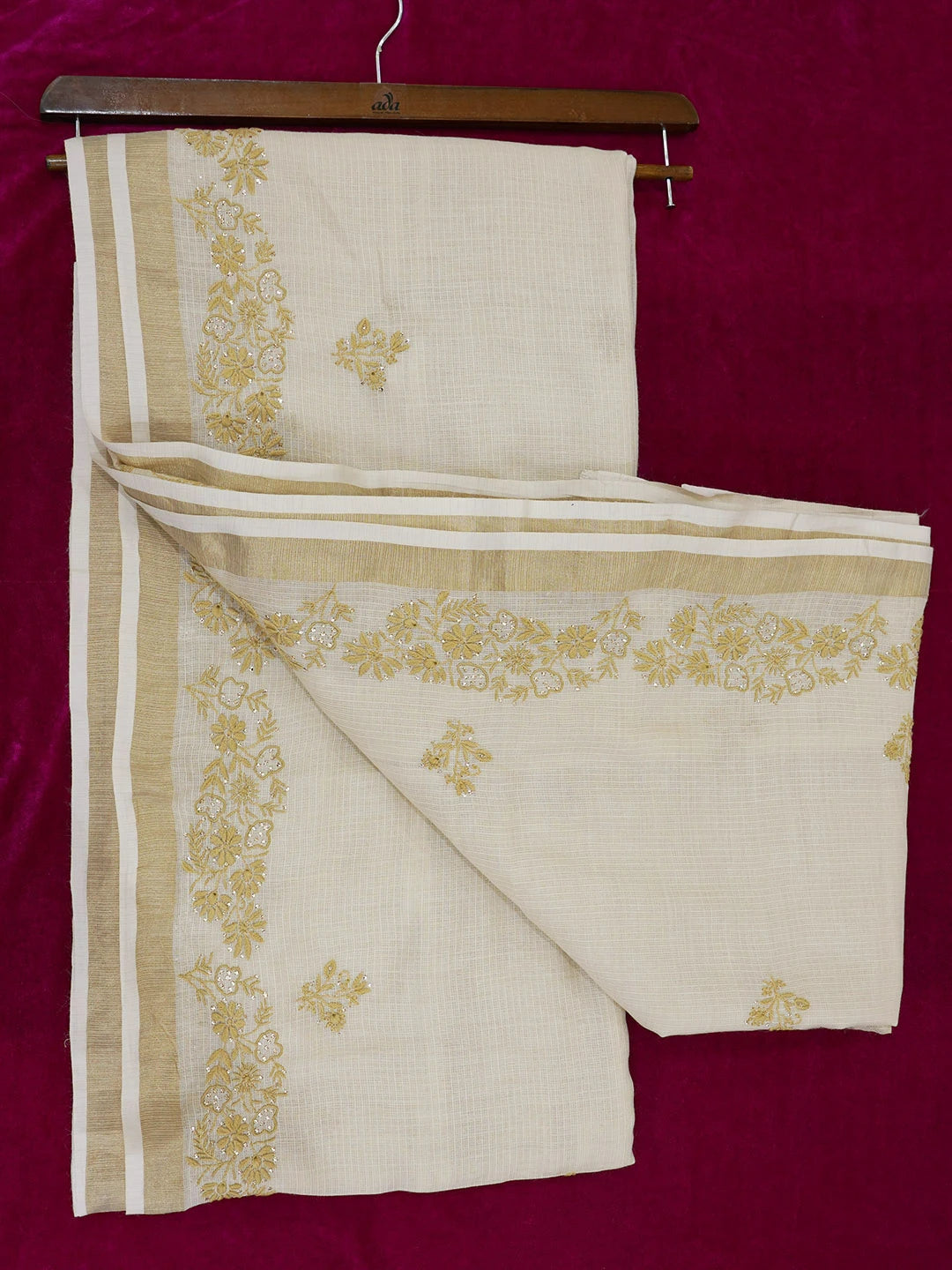Ada Hand Embroidered Fawn Kota Lucknowi Chikankari Saree and Blouse With Muqaish Work 01A600421