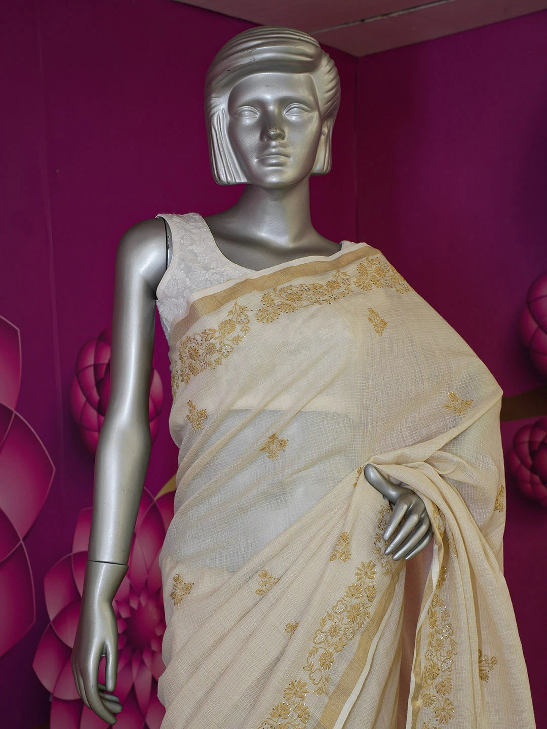 Ada Hand Embroidered Fawn Kota Lucknowi Chikankari Saree and Blouse With Muqaish Work 01A600421