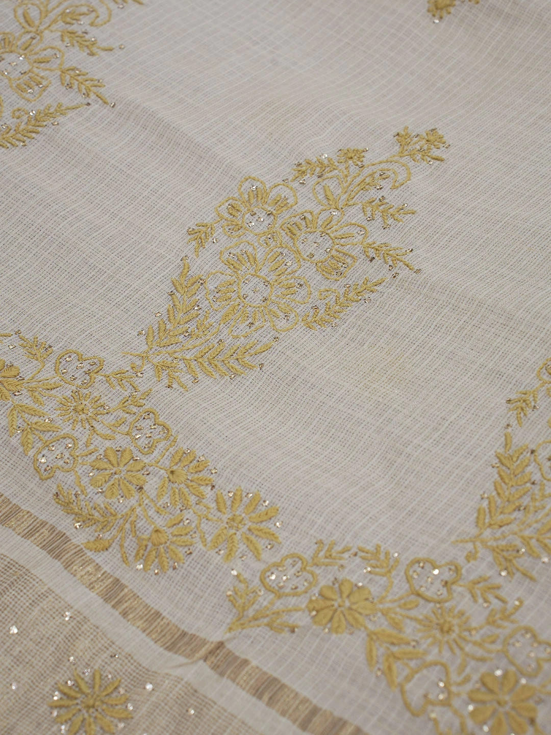 Ada Hand Embroidered Fawn Kota Lucknowi Chikankari Saree and Blouse With Muqaish Work 01A600421