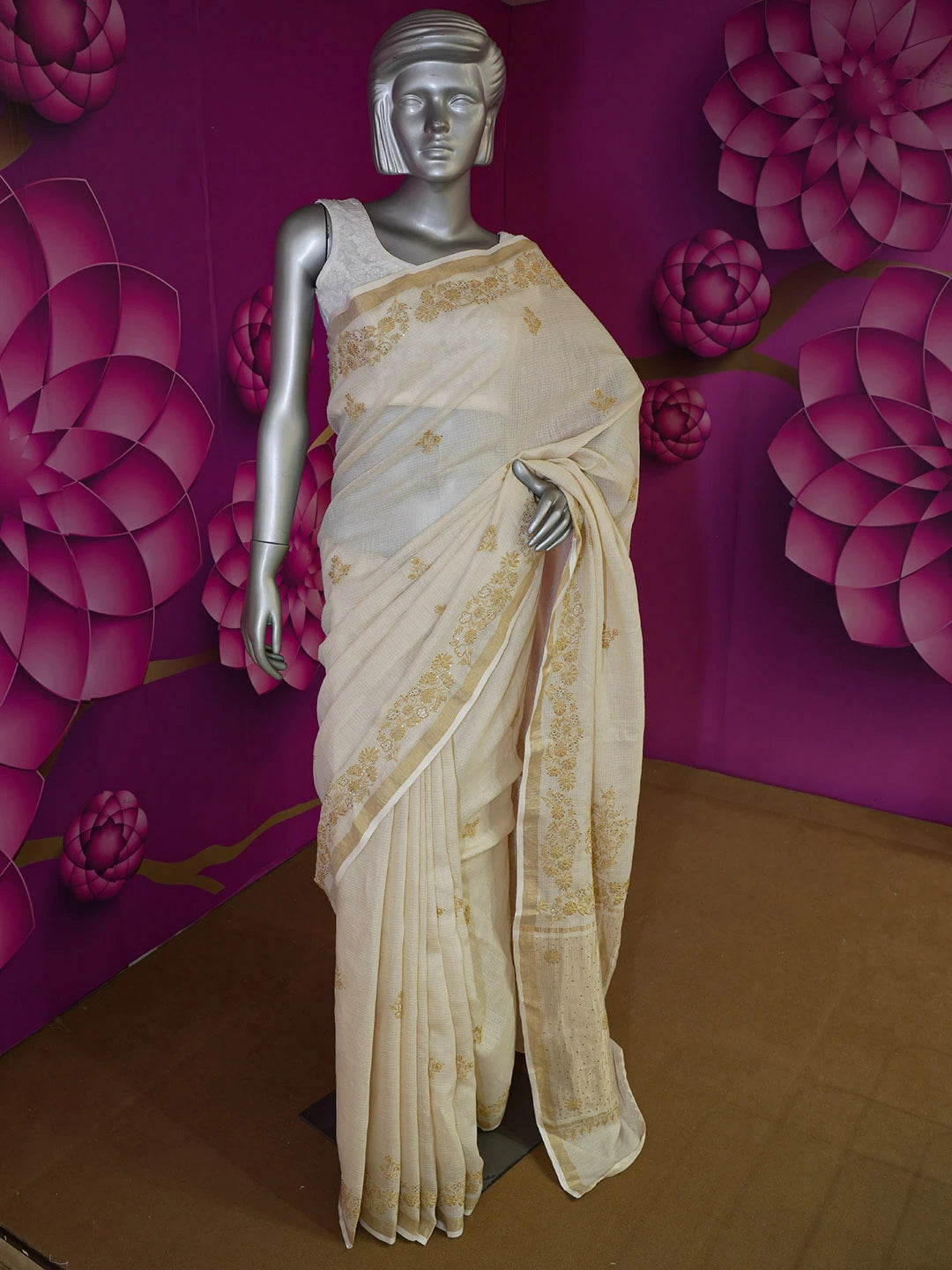 Ada Hand Embroidered Fawn Kota Lucknowi Chikankari Saree and Blouse With Muqaish Work 01A600421