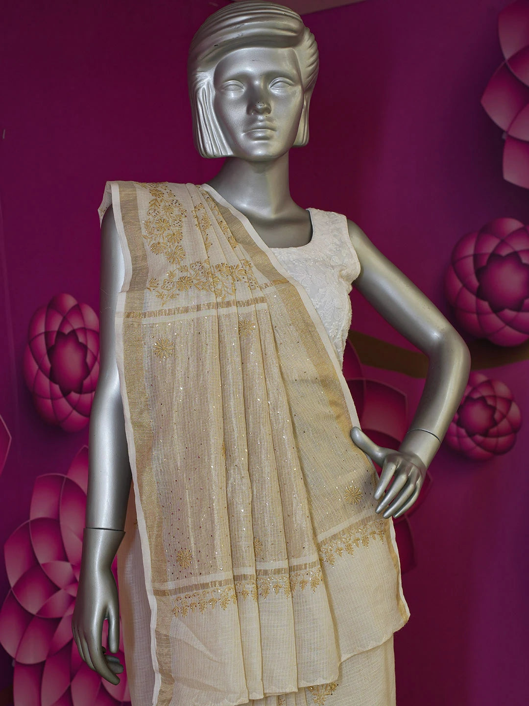Ada Hand Embroidered Fawn Kota Lucknowi Chikankari Saree and Blouse With Muqaish Work 01A600421