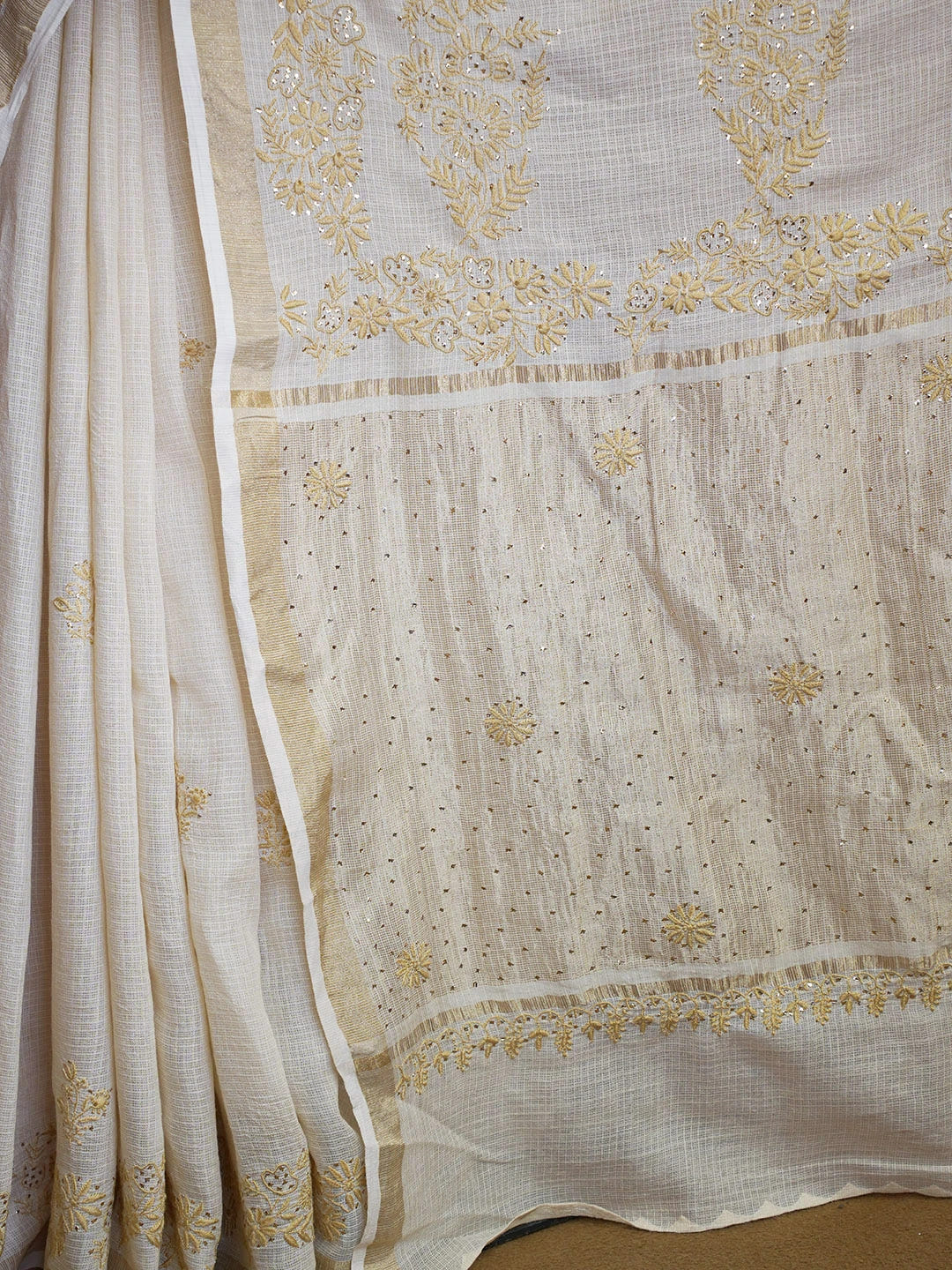 Ada Hand Embroidered Fawn Kota Lucknowi Chikankari Saree and Blouse With Muqaish Work 01A600421