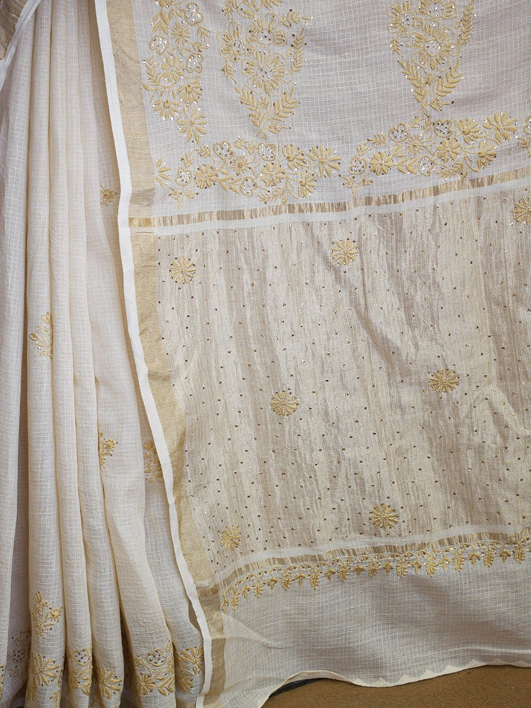 Ada Hand Embroidered Fawn Kota Lucknowi Chikankari Saree and Blouse With Muqaish Work 01A600421