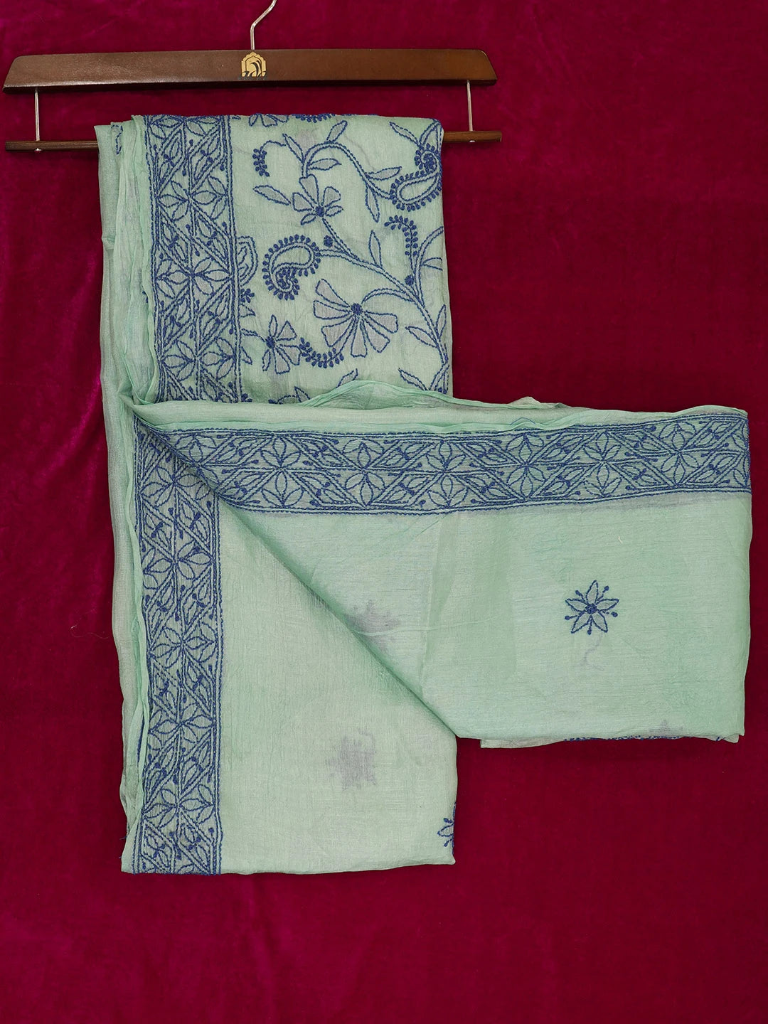Ada Hand Embroidered Sea Green Tussar Silk Lucknowi Chikankari Saree With Blouse 01A377797
