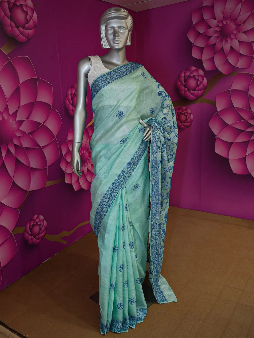 Ada Hand Embroidered Sea Green Tussar Silk Lucknowi Chikankari Saree With Blouse 01A377797