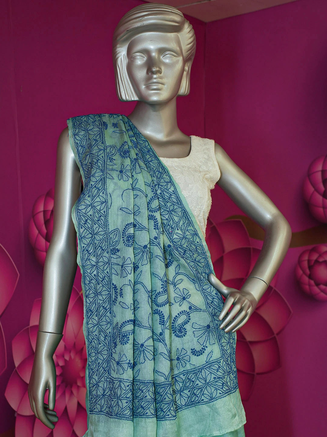 Ada Hand Embroidered Sea Green Tussar Silk Lucknowi Chikankari Saree With Blouse 01A377797