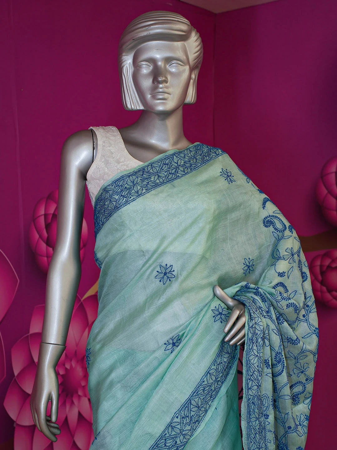 Ada Hand Embroidered Sea Green Tussar Silk Lucknowi Chikankari Saree With Blouse 01A377797