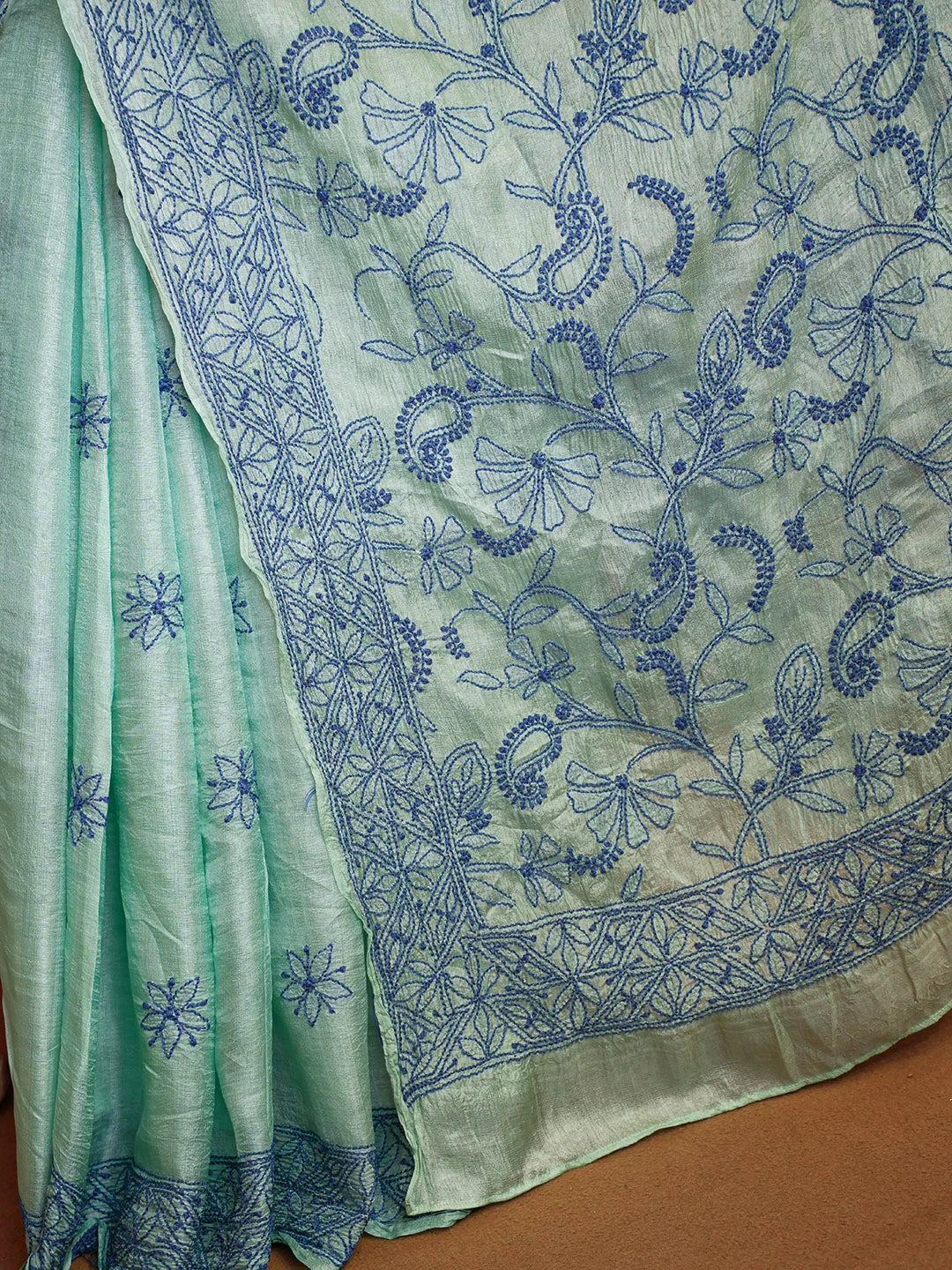 Ada Hand Embroidered Sea Green Tussar Silk Lucknowi Chikankari Saree With Blouse 01A377797