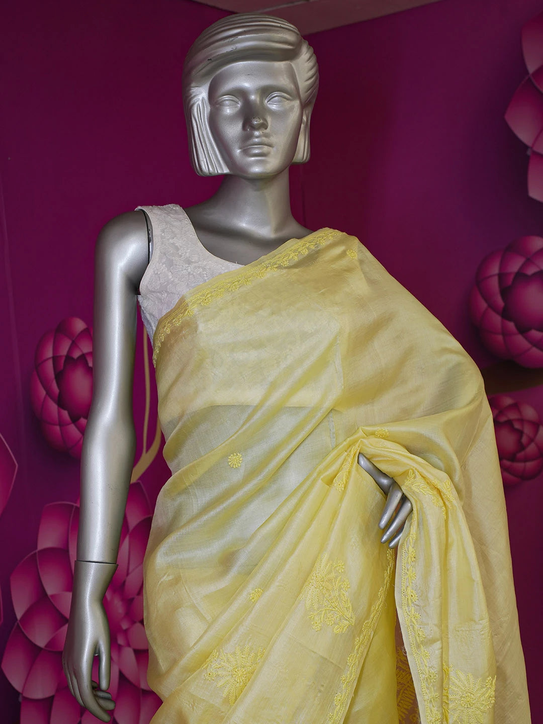 Ada Hand Embroidered Lemon Yellow Tussar Silk Lucknowi Chikankari Saree With Blouse 01A568509