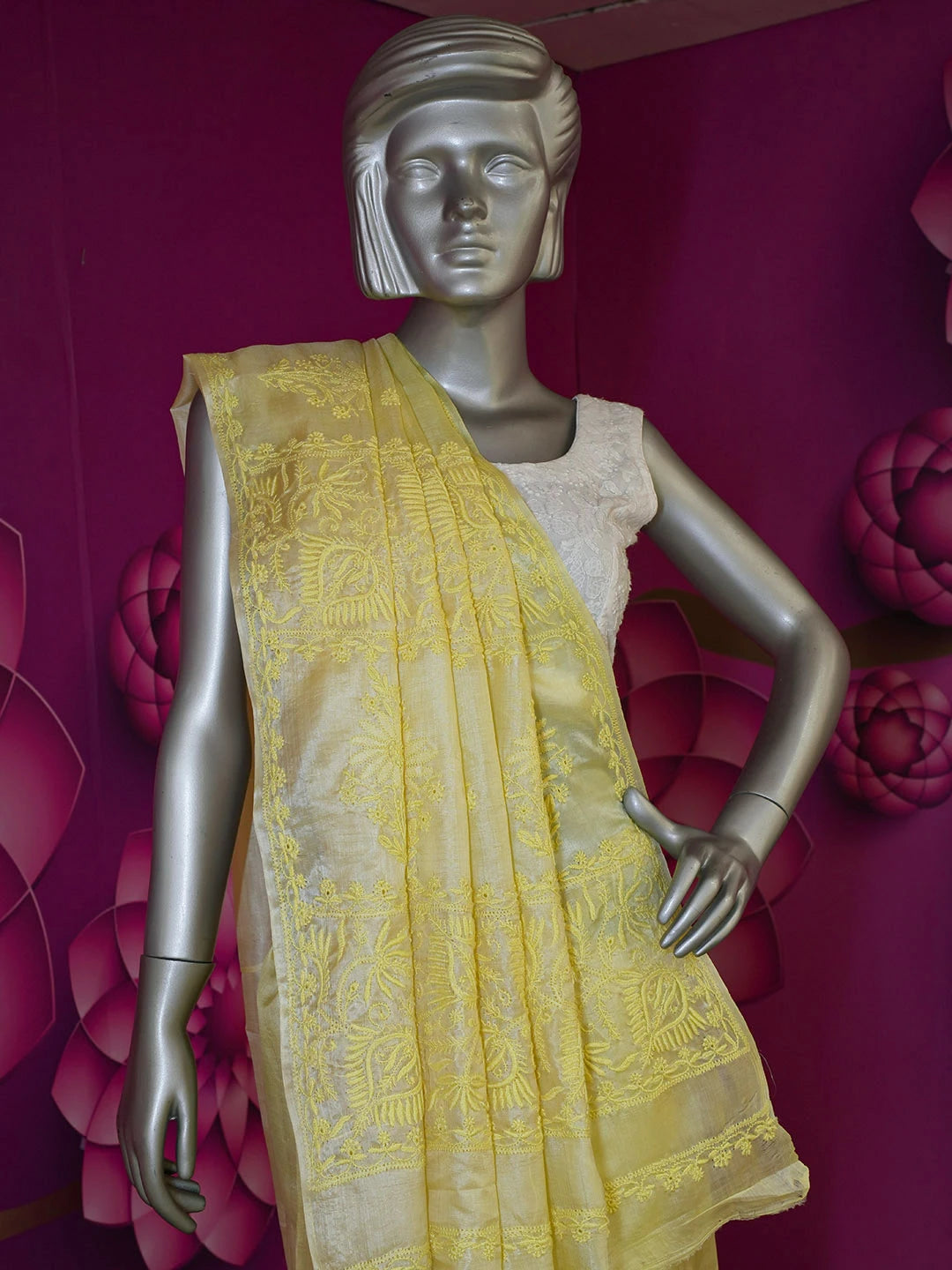 Ada Hand Embroidered Lemon Yellow Tussar Silk Lucknowi Chikankari Saree With Blouse 01A568509