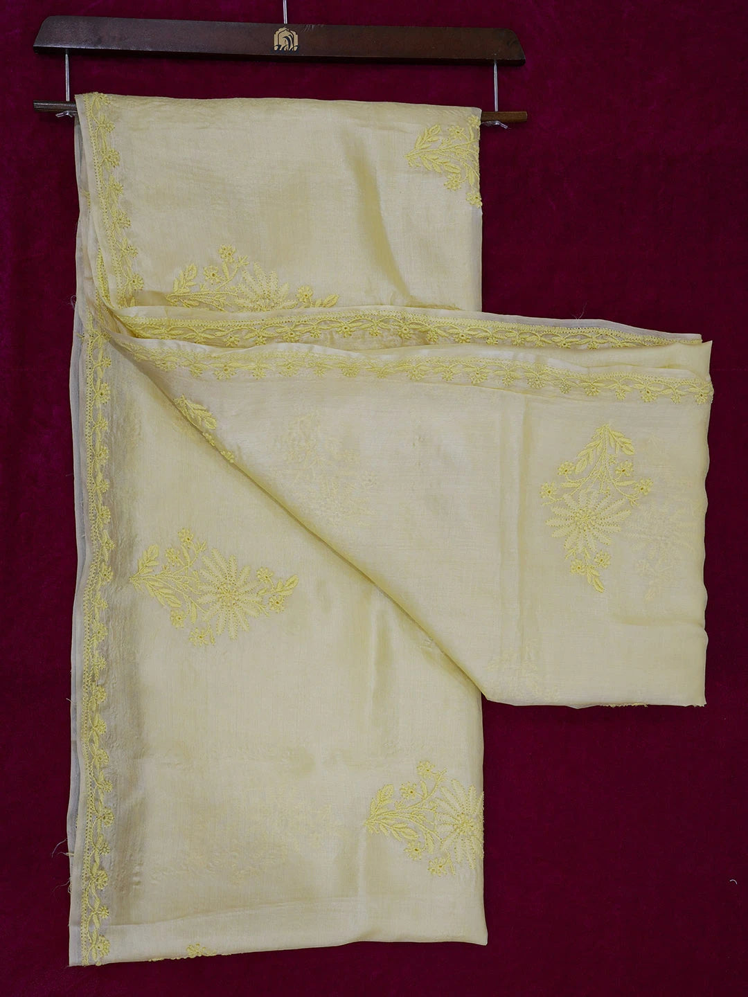 Ada Hand Embroidered Lemon Yellow Tussar Silk Lucknowi Chikankari Saree With Blouse 01A568509