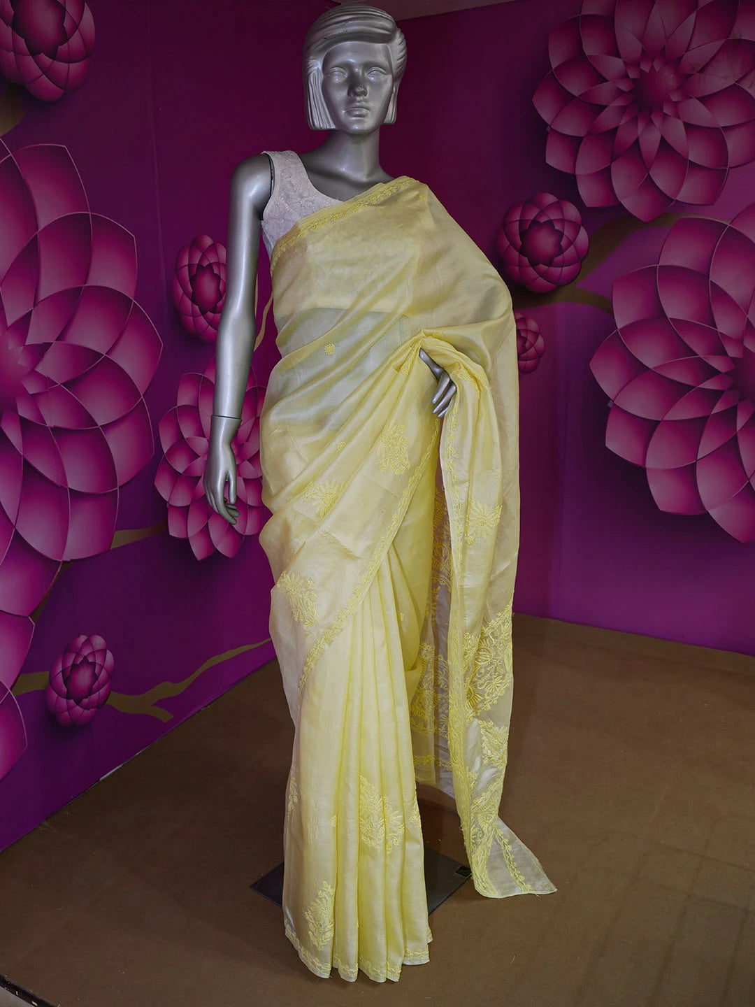 Ada Hand Embroidered Lemon Yellow Tussar Silk Lucknowi Chikankari Saree With Blouse 01A568509