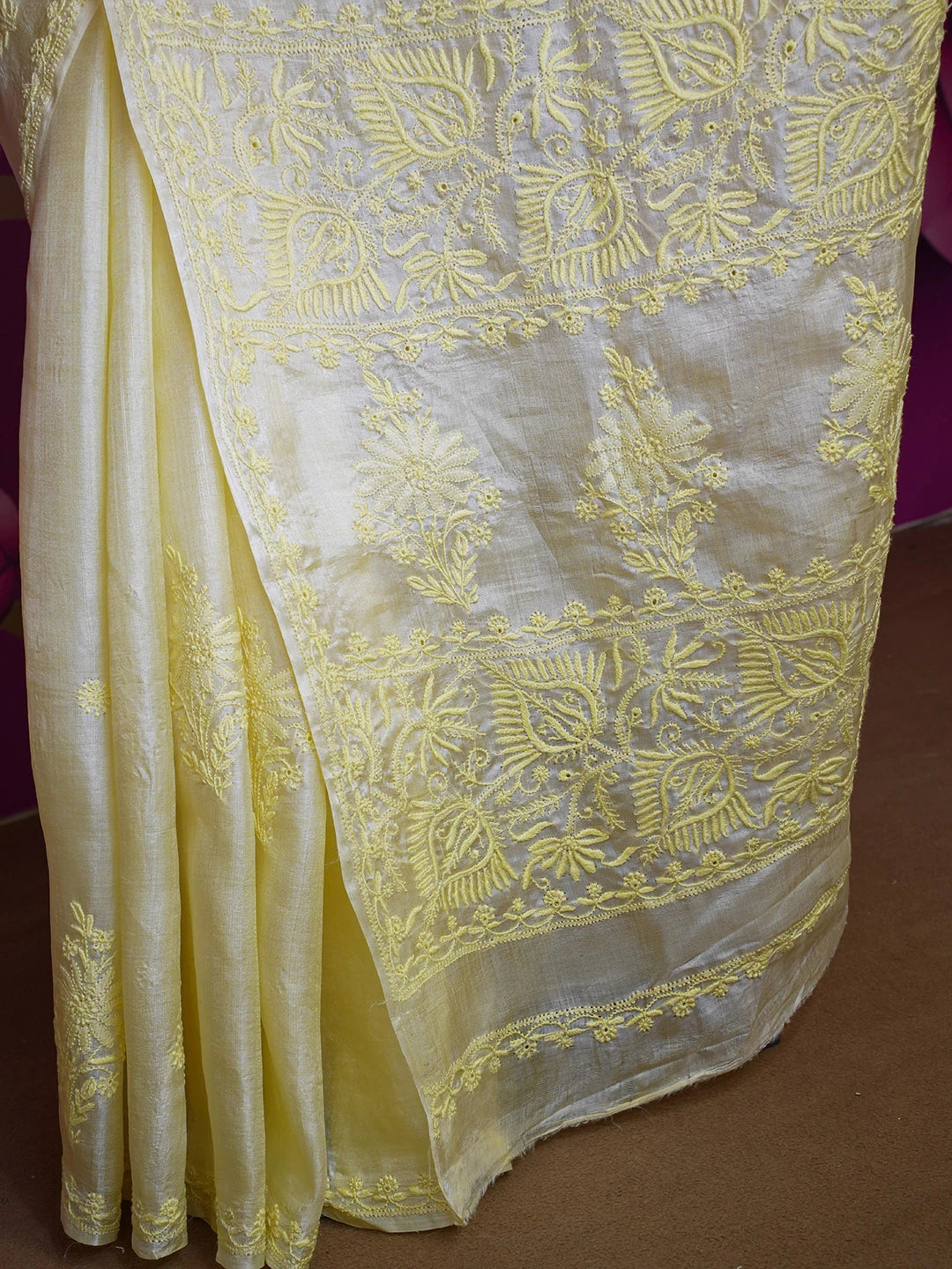 Ada Hand Embroidered Lemon Yellow Tussar Silk Lucknowi Chikankari Saree With Blouse 01A568509
