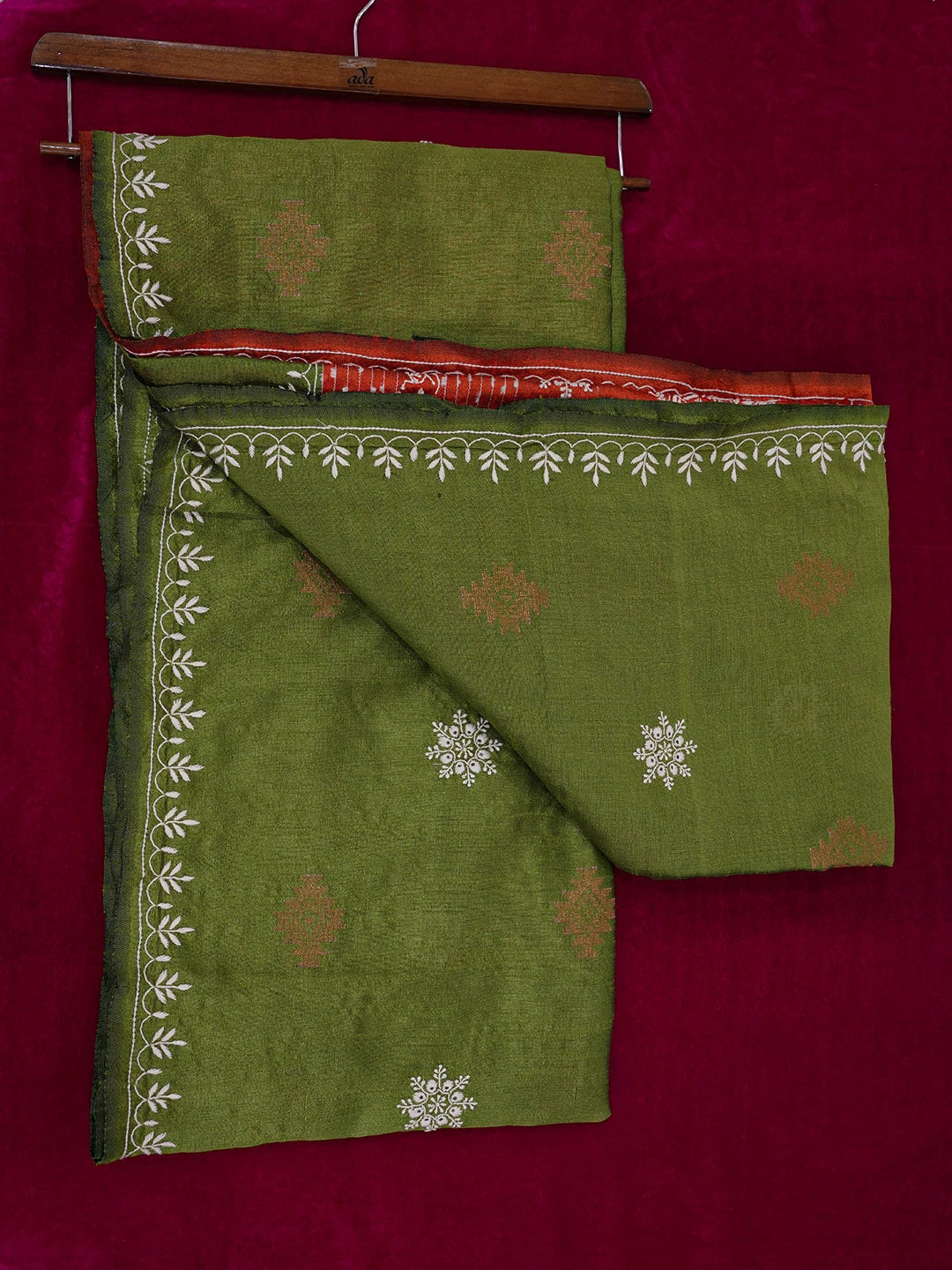 Ada Hand Embroidered Green Silk Lucknowi Chikankari Saree With Blouse 01A376492