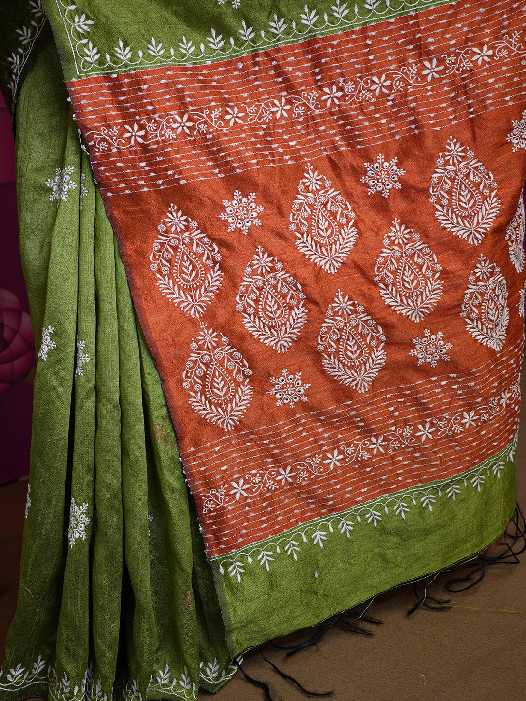 Ada Hand Embroidered Green Silk Lucknowi Chikankari Saree With Blouse 01A376492