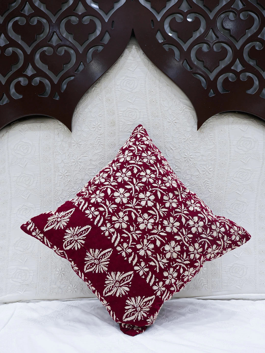 Ada Hand Embroidered Maroon Velvet Lucknowi Chikankari Cushion Cover 01A602129