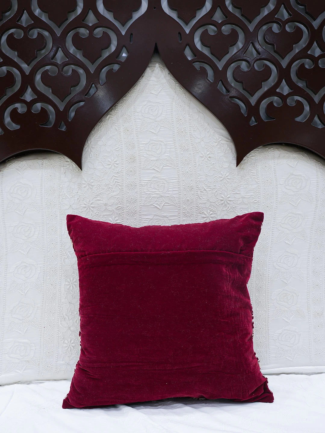 Ada Hand Embroidered Maroon Velvet Lucknowi Chikankari Cushion Cover 01A602129