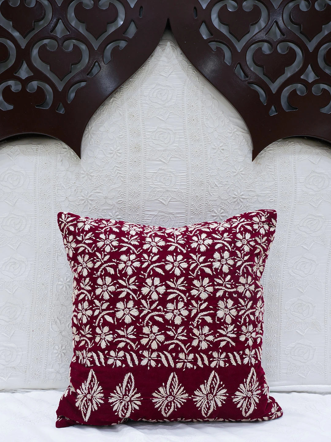 Ada Hand Embroidered Maroon Velvet Lucknowi Chikankari Cushion Cover 01A602129