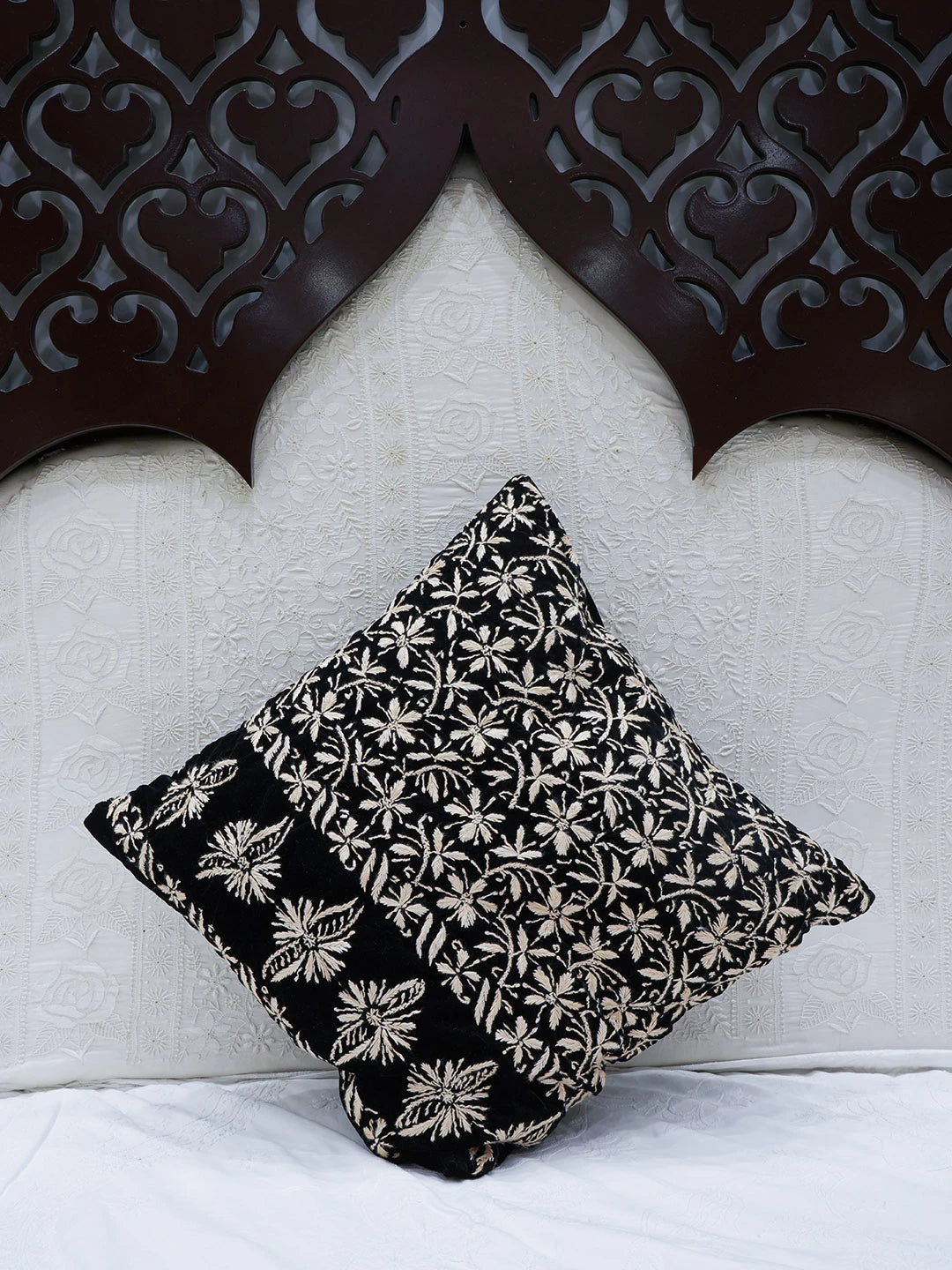 Ada Hand Embroidered Black Velvet Lucknowi Chikankari Cushion Cover 01A602101