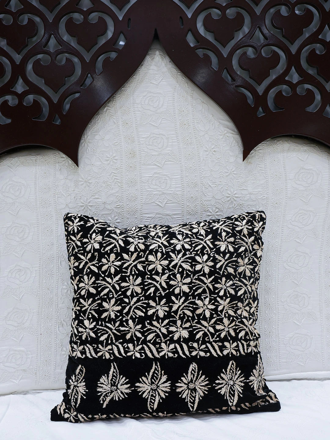 Ada Hand Embroidered Black Velvet Lucknowi Chikankari Cushion Cover 01A602101