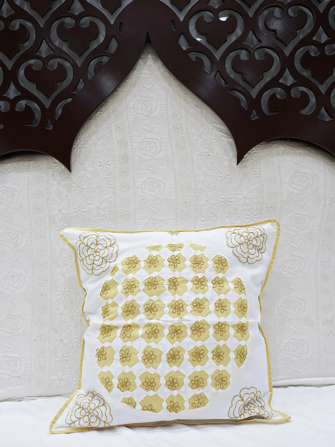 Ada Hand Embroidered White Cotton Lucknowi Chikankari Cushion Cover 01A562936