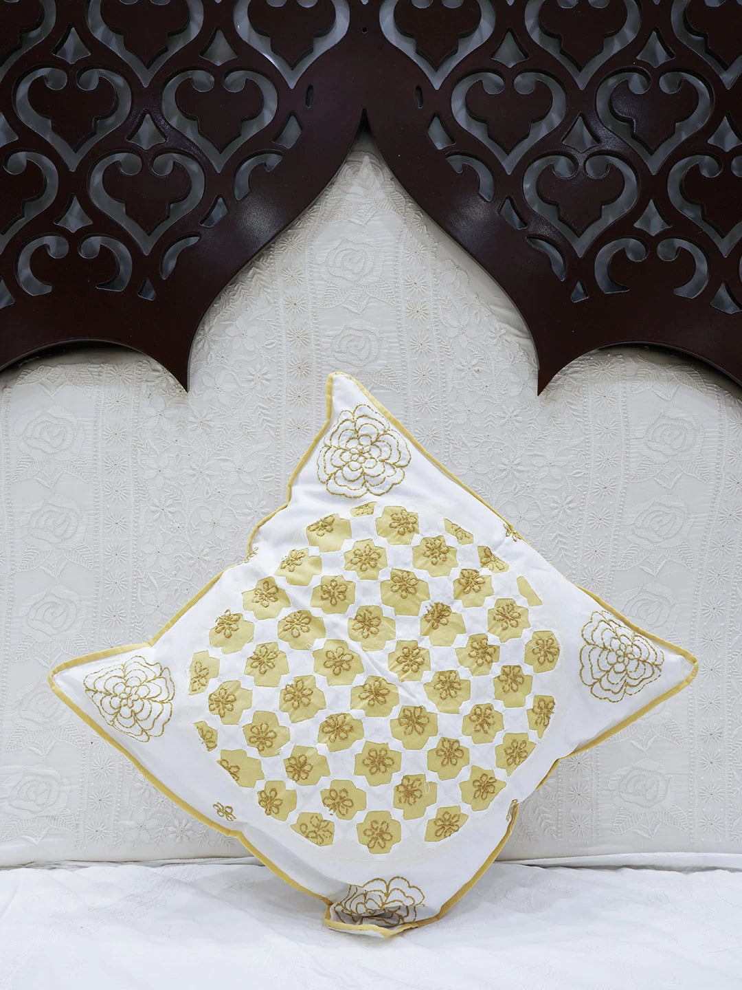 Ada Hand Embroidered White Cotton Lucknowi Chikankari Cushion Cover 01A562936
