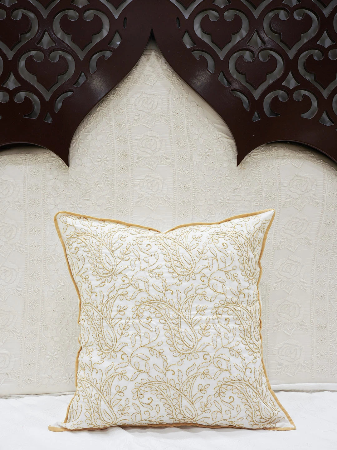 Ada Hand Embroidered White Cotton Lucknowi Chikankari Cushion Cover 01A479509