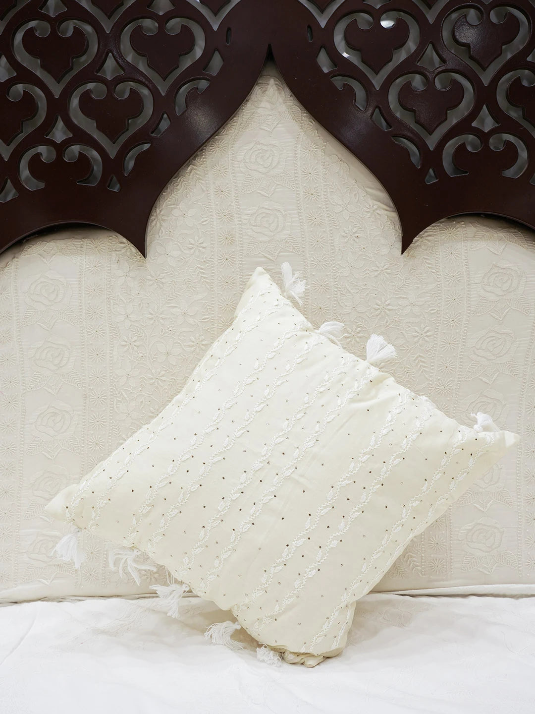 Ada Hand Embroidered Beige Chanderi Lucknowi Chikankari Cushion Cover with Muqaish Work 01A597882