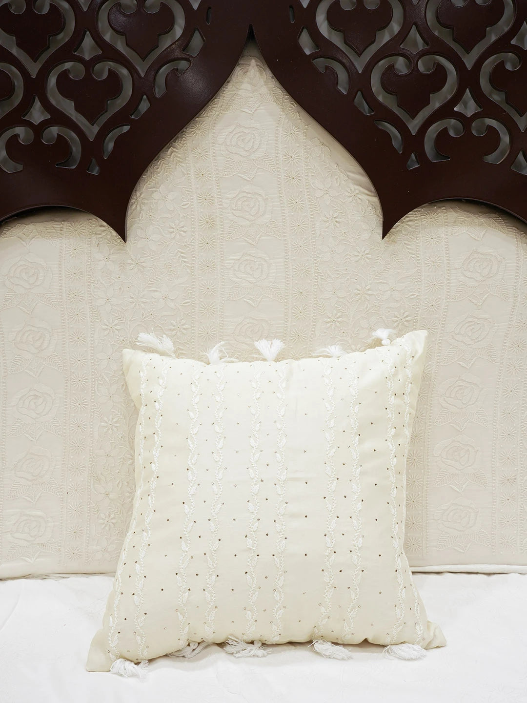 Ada Hand Embroidered Beige Chanderi Lucknowi Chikankari Cushion Cover with Muqaish Work 01A597882