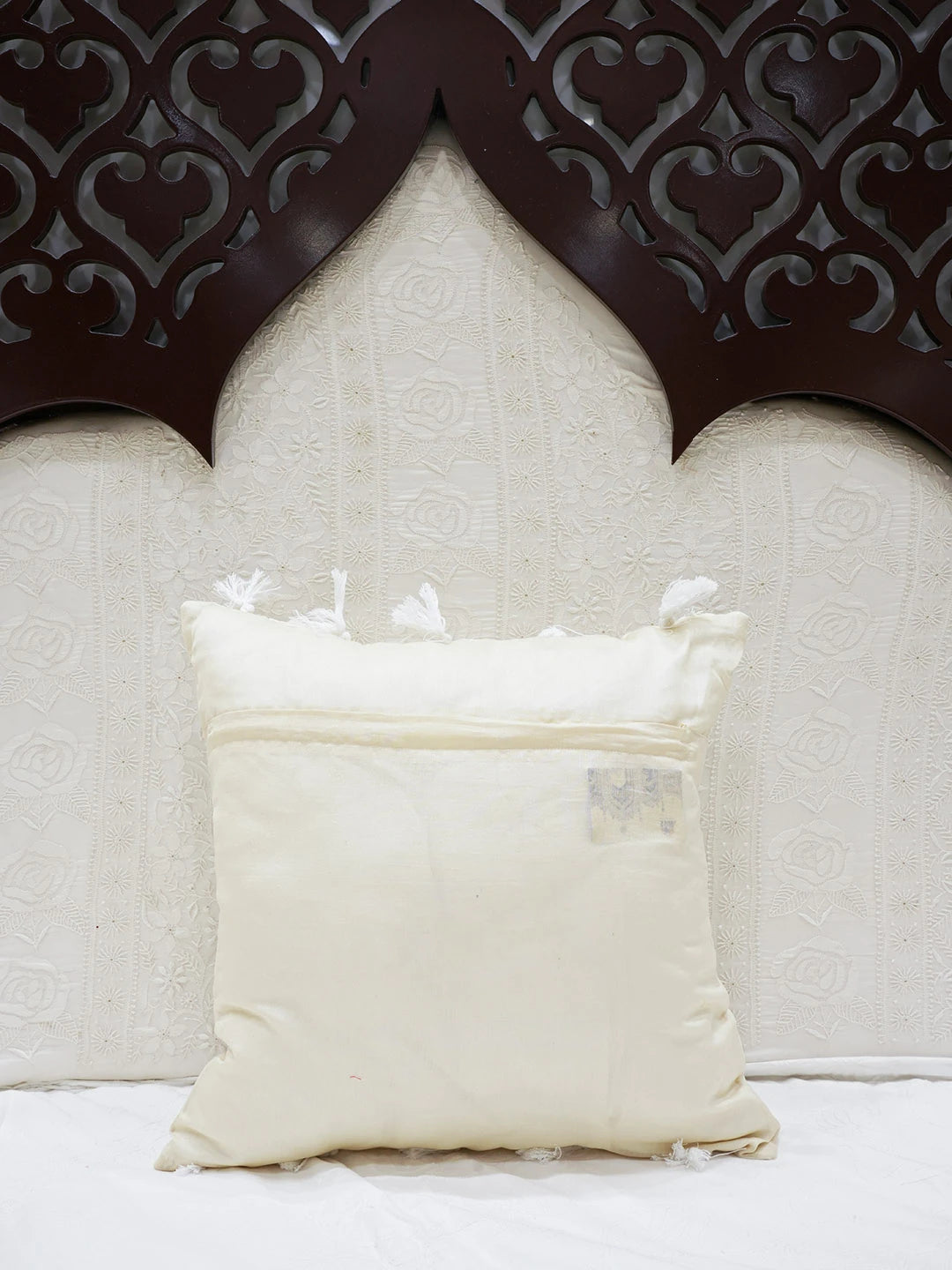 Ada Hand Embroidered Beige Chanderi Lucknowi Chikankari Cushion Cover with Muqaish Work 01A597882