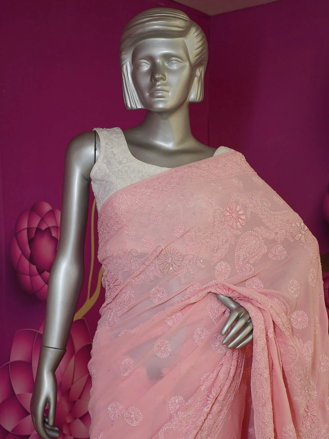 Ada Hand Embroidered Dusty Pink Pure Georgette Lucknowi Chikankari Saree/Blouse With Cutdana Work 01A467241