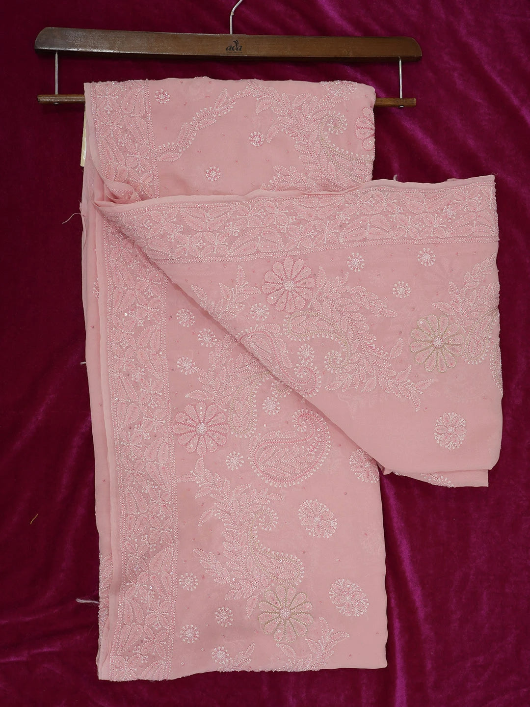 Ada Hand Embroidered Dusty Pink Pure Georgette Lucknowi Chikankari Saree/Blouse With Cutdana Work 01A467241