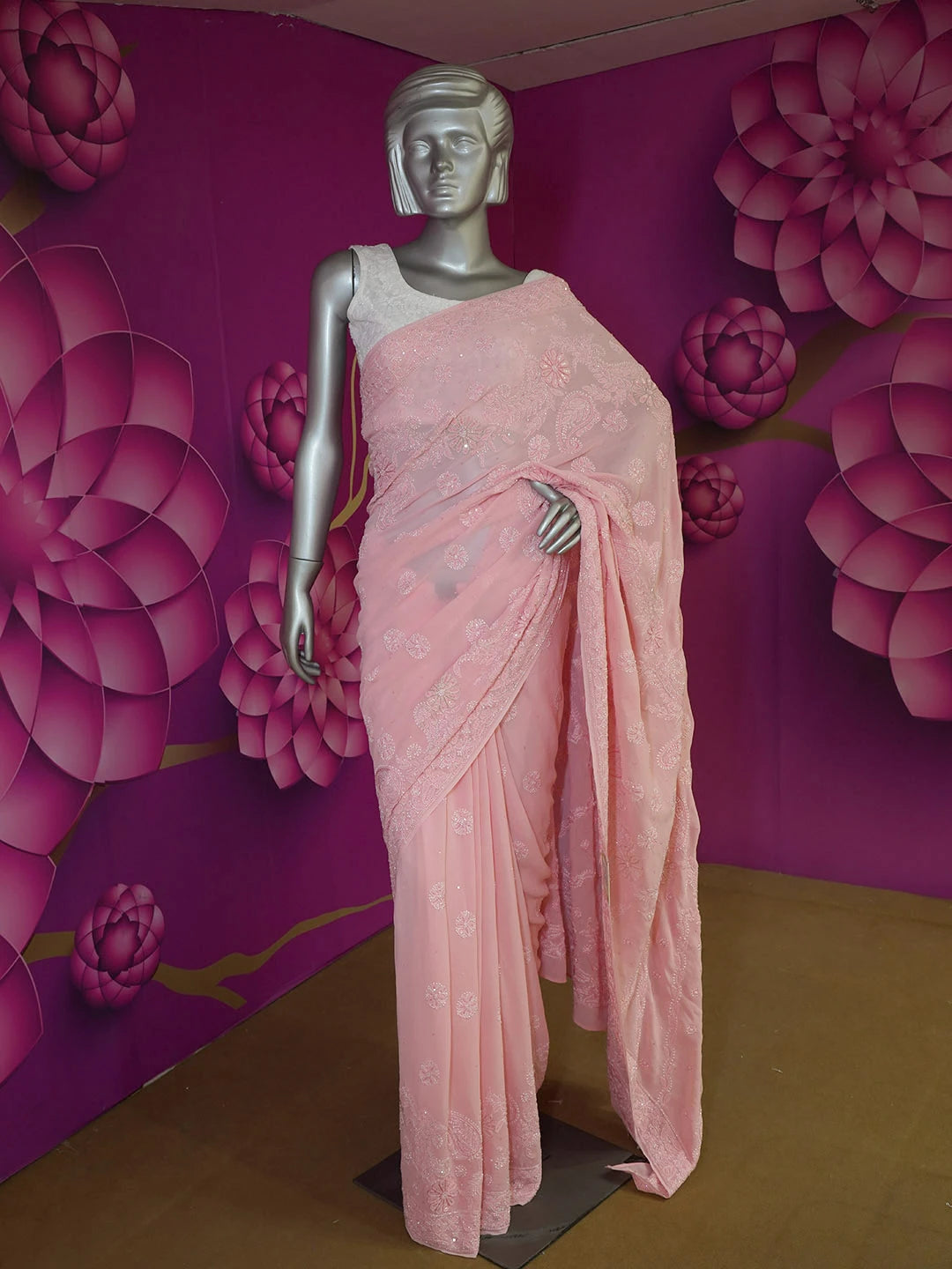 Ada Hand Embroidered Dusty Pink Pure Georgette Lucknowi Chikankari Saree/Blouse With Cutdana Work 01A467241