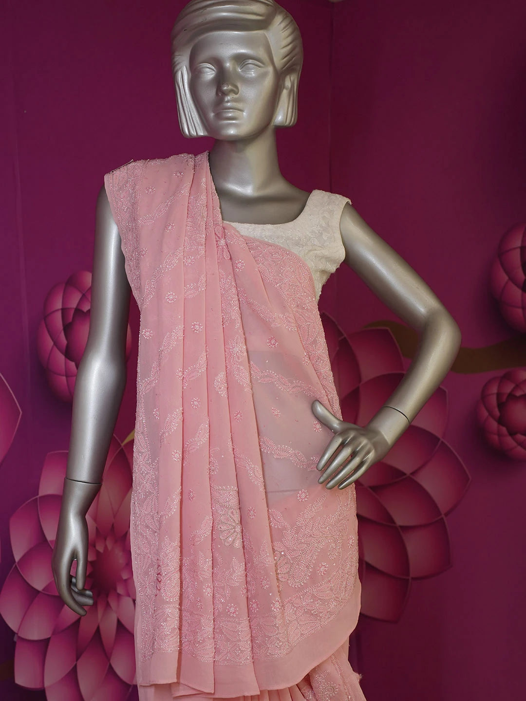 Ada Hand Embroidered Dusty Pink Pure Georgette Lucknowi Chikankari Saree/Blouse With Cutdana Work 01A467241