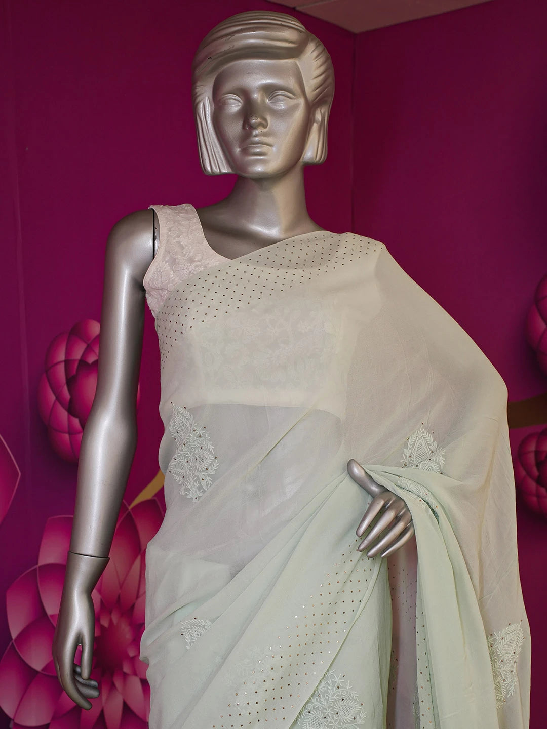 Ada Hand Embroidered Sea Green Pure Georgette Lucknow Chikankari Saree/Blouse With Mukaish Work 01A572476