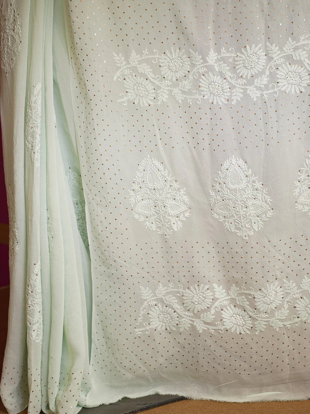 Ada Hand Embroidered Sea Green Pure Georgette Lucknow Chikankari Saree/Blouse With Mukaish Work 01A572476
