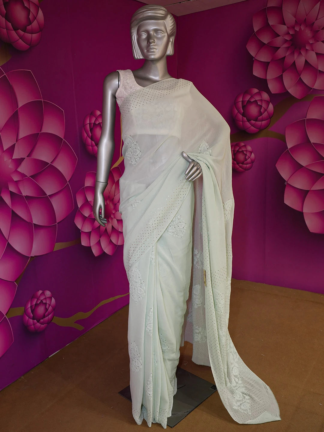 Ada Hand Embroidered Sea Green Pure Georgette Lucknow Chikankari Saree/Blouse With Mukaish Work 01A572476