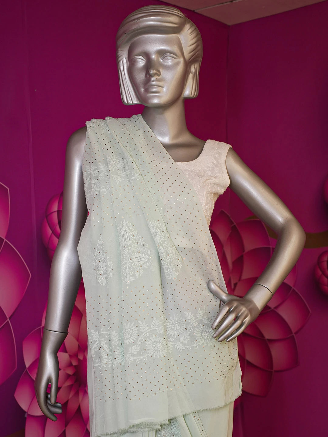 Ada Hand Embroidered Sea Green Pure Georgette Lucknow Chikankari Saree/Blouse With Mukaish Work 01A572476
