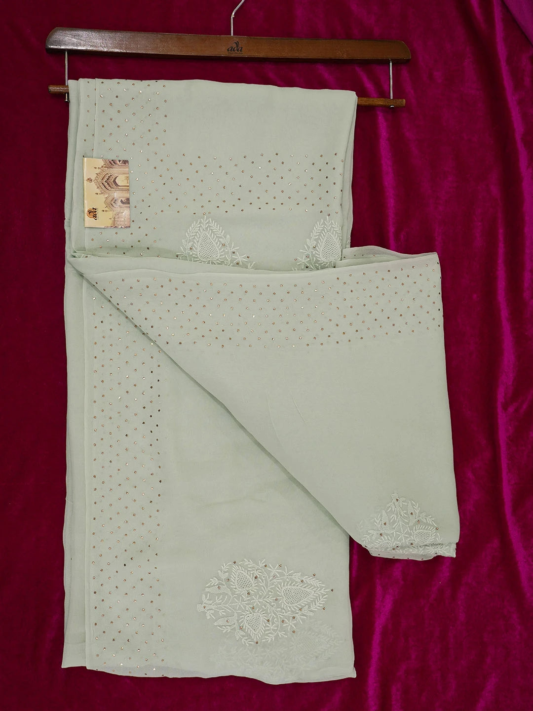 Ada Hand Embroidered Sea Green Pure Georgette Lucknow Chikankari Saree/Blouse With Mukaish Work 01A572476
